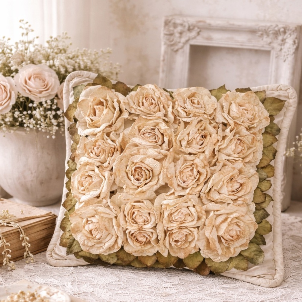 Vintage Handmade Pillow 3D Silk Flowers French Country Cottage Cream Ivory Roses - Picture 4 of 9